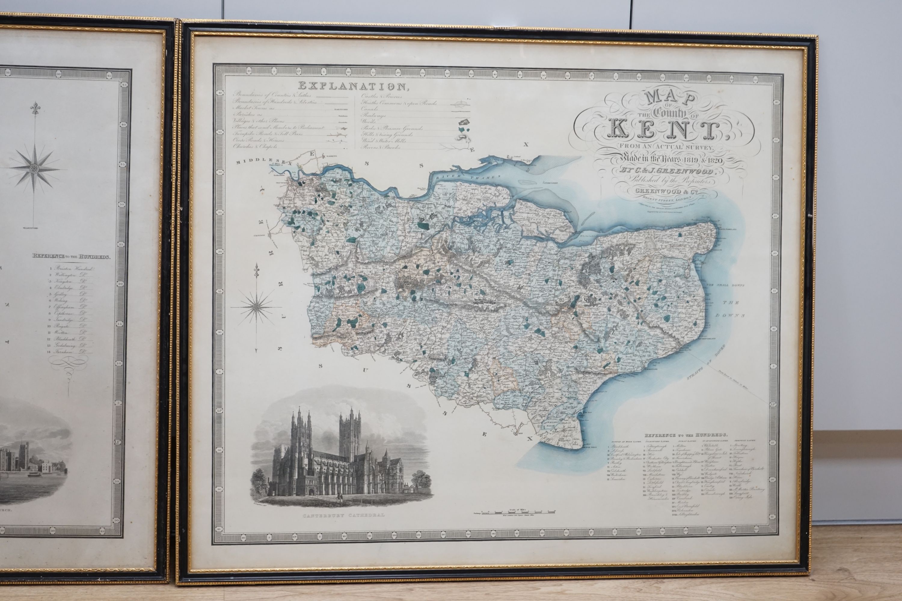 Greenwood & Co, pair of hand coloured engravings, Maps of the Counties of Surrey and Kent, c.1820, 64 x 75cm